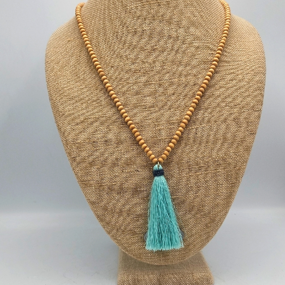 J. Crew Tan Beaded Necklace with Aqua Tassel Pendant